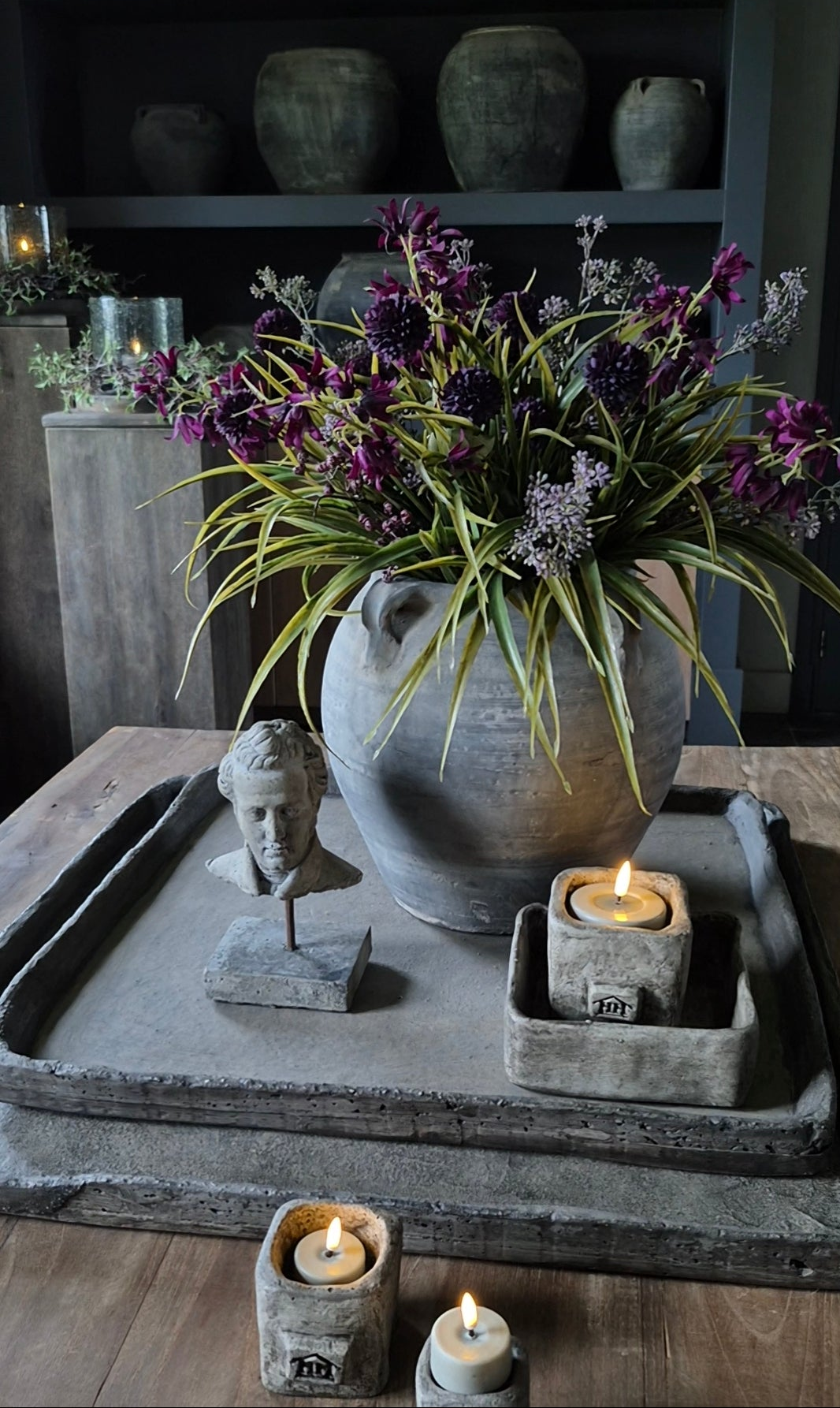 Kunstbloemen grasboeket groen paars - gebonden