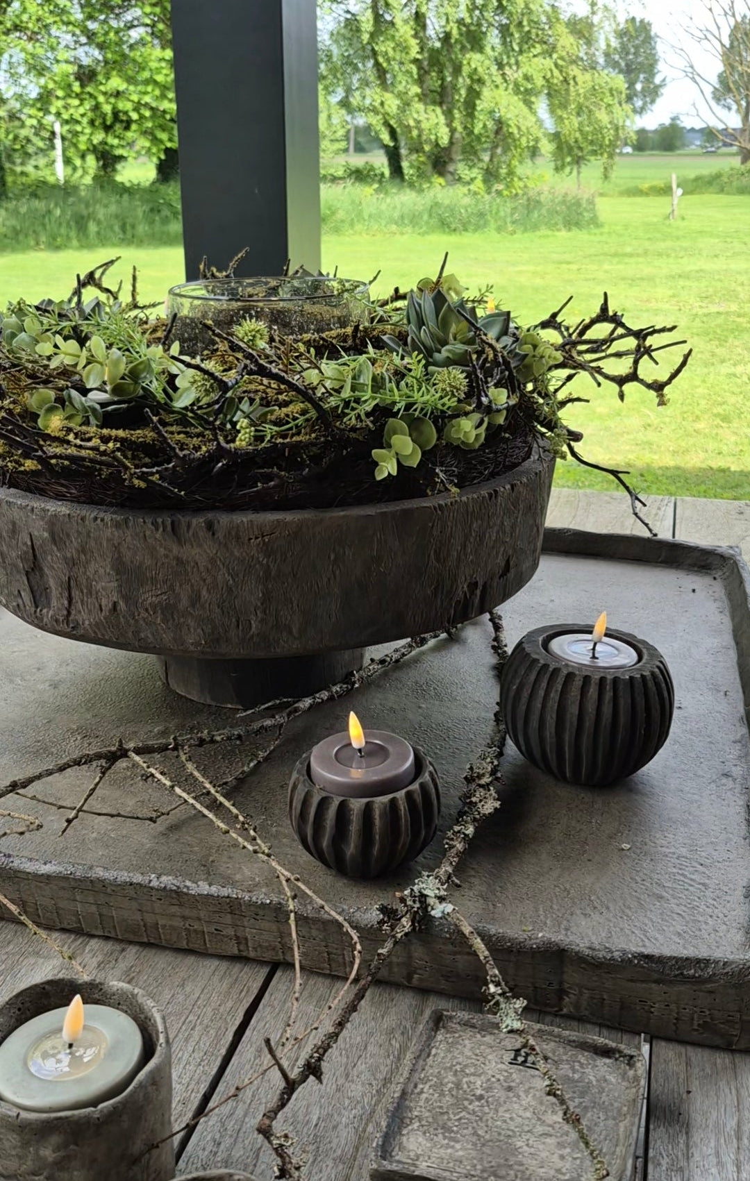 Wreath with moss, green echinops, succulents, and tealight holders 40cm