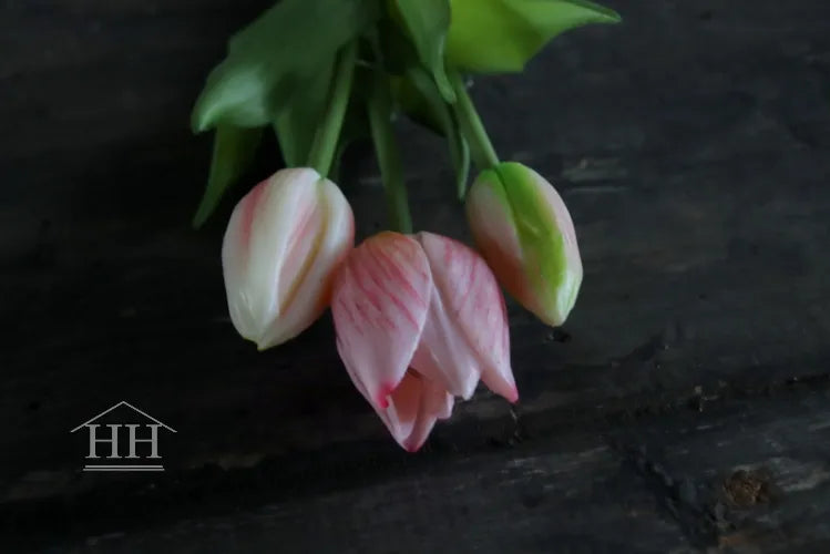 Korte kunst tulpen roze mix gevlamd - 25cm - 3 stelen