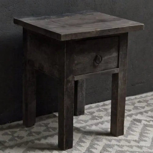 Houten nachtkastje old teak met één lade op 4 pootjes