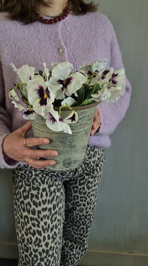 Set ronde zinken pot D20cm met witte violen