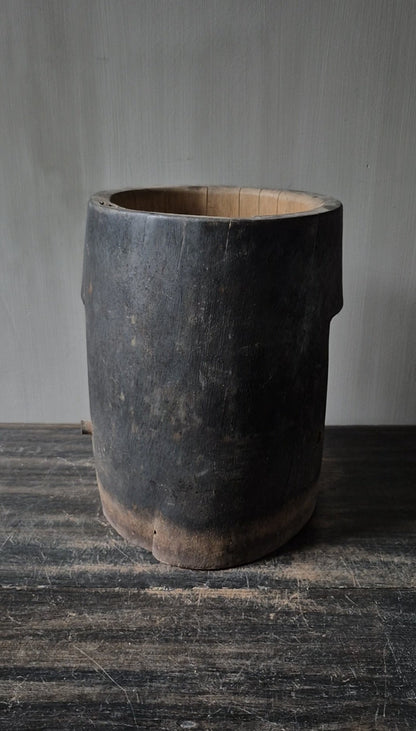 Houten pot antiek donkerbruin 24x27cm