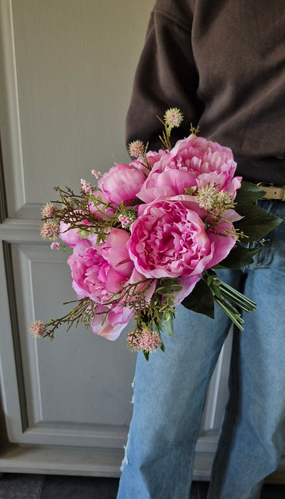 Pioenrozen kunstboeket roze met echinops