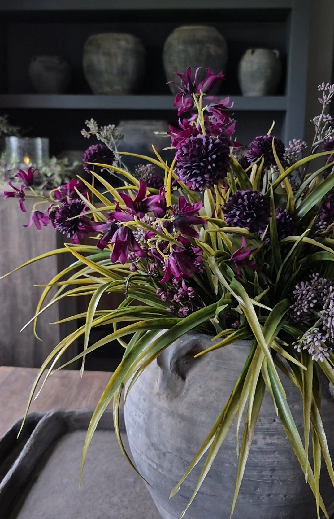 Kunstbloemen grasboeket groen paars - gebonden