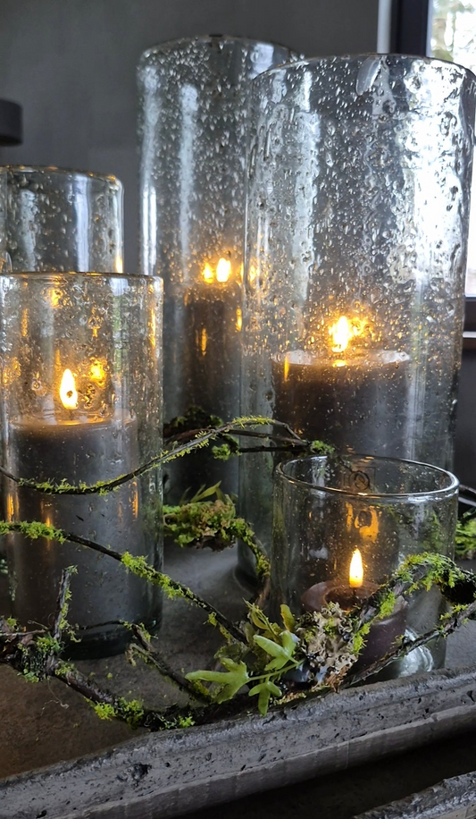 Smal/hoog Transparant windlicht met metalen schilfers 15/35cm