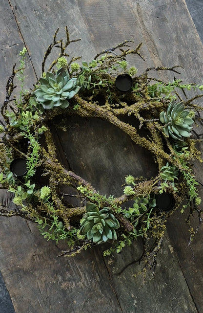 Wreath with moss, green echinops, succulents, and tealight holders 40cm