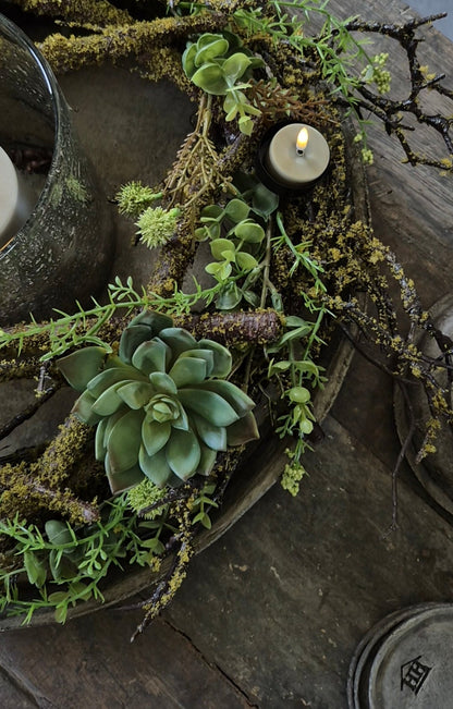 Wreath with moss, green echinops, succulents, and tealight holders 40cm