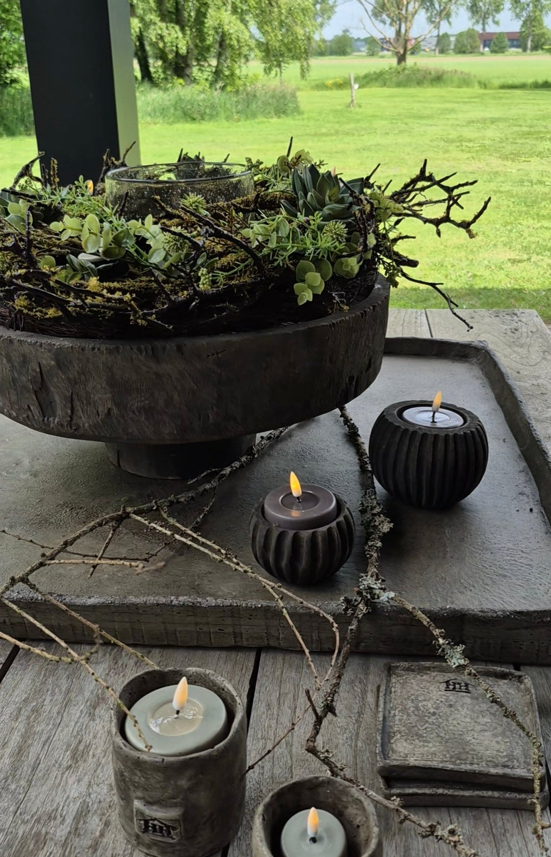 Wreath with moss, green echinops, succulents, and tealight holders 40cm