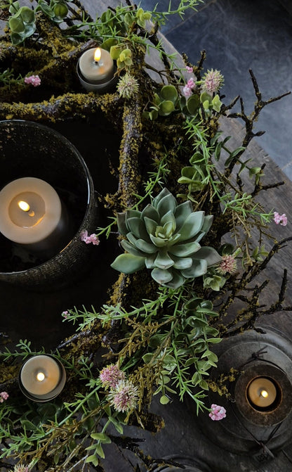 Wreath with moss, pink echinops, succulents and tealight holders 40cm