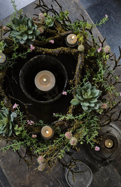 Wreath with moss, pink echinops, succulents and tealight holders 40cm