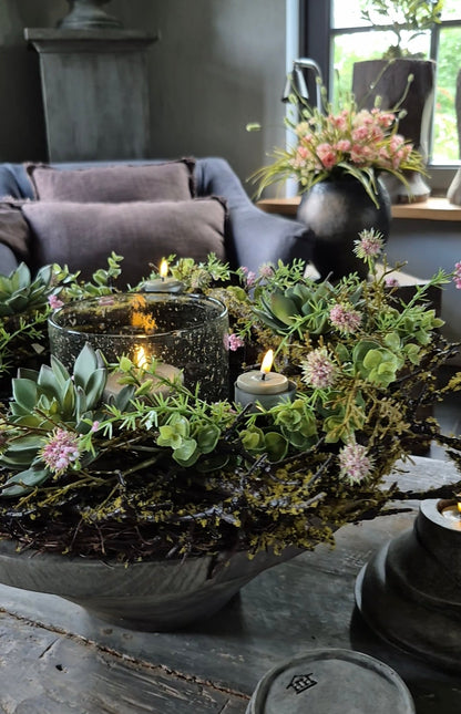 Wreath with moss, pink echinops, succulents and tealight holders 40cm