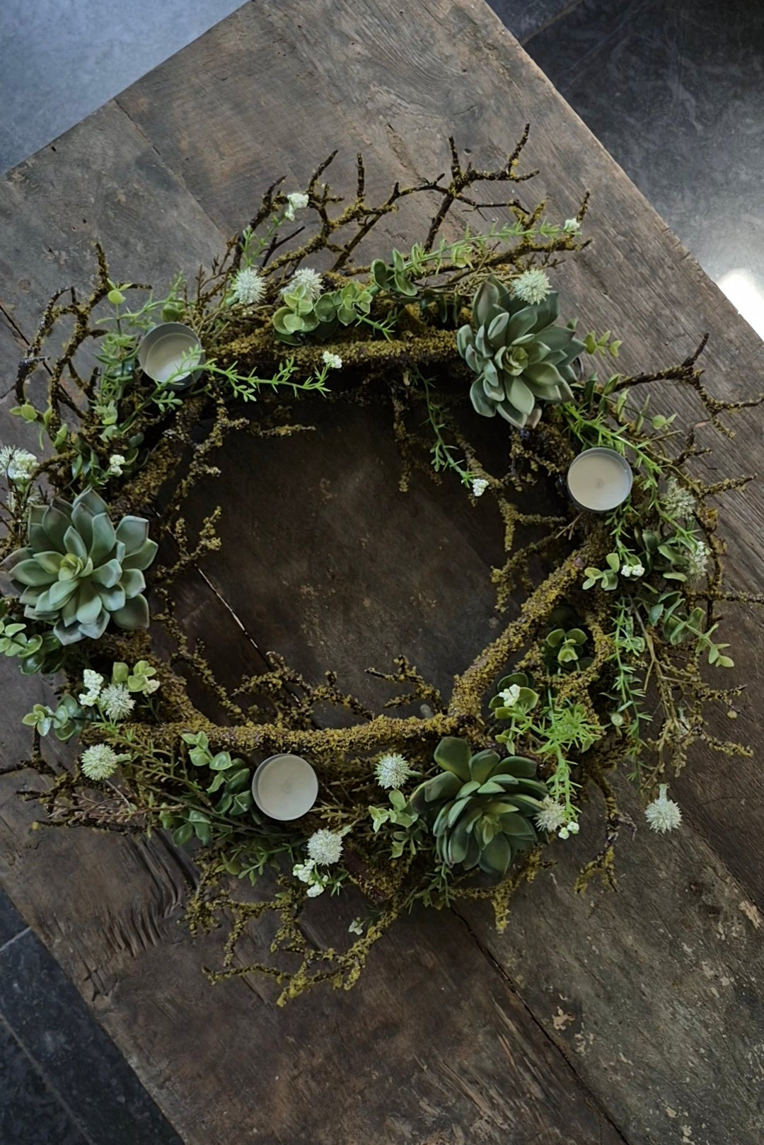 Wreath with moss, white echinops, succulents, and tea light holders 40cm