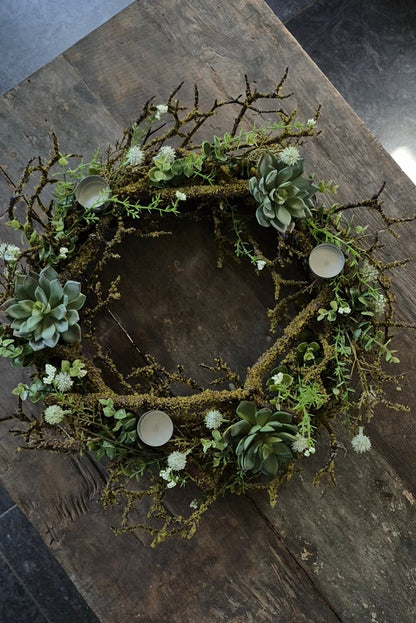 Wreath with moss, white echinops, succulents, and tea light holders 40cm