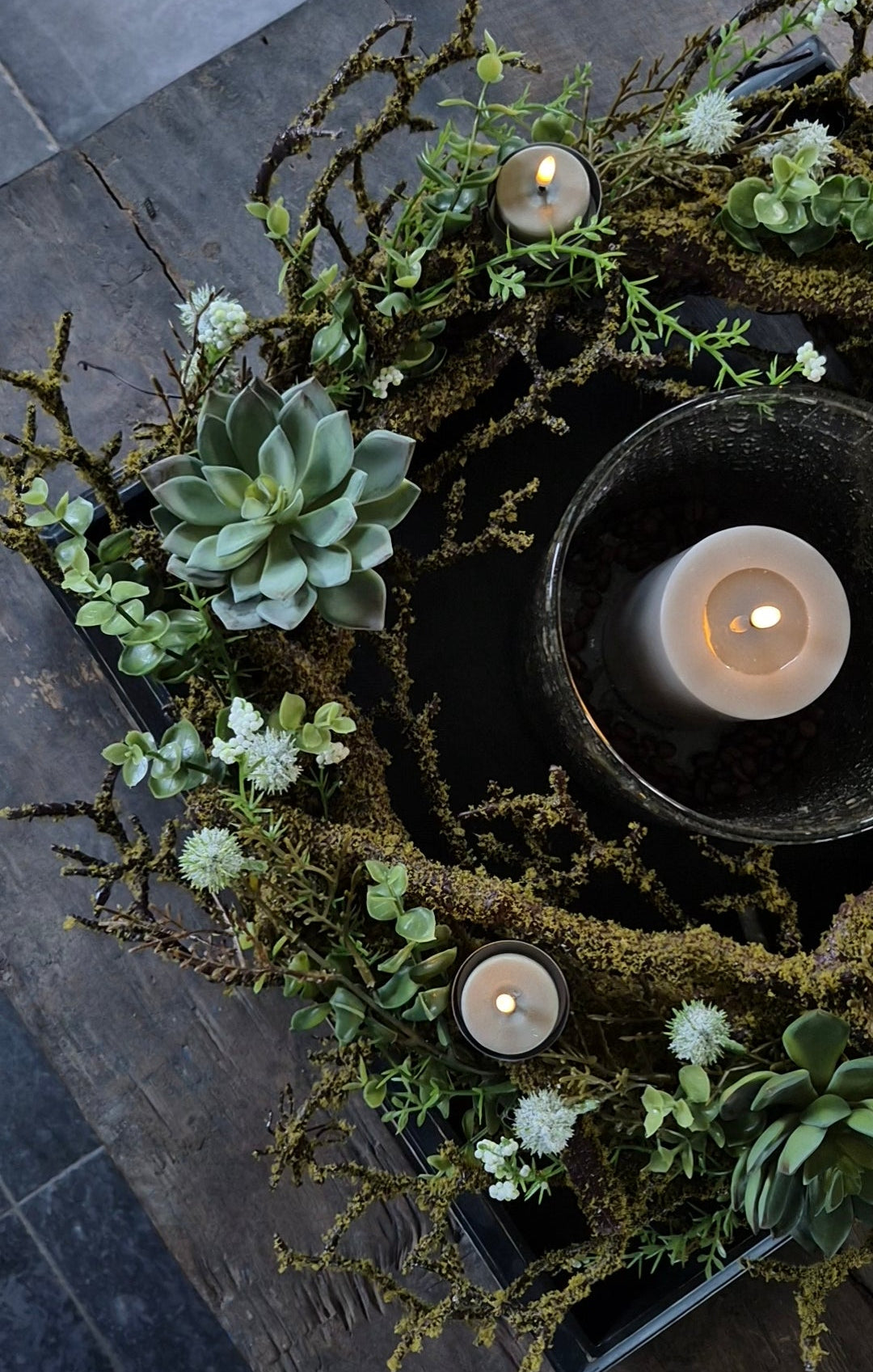 Wreath with moss, white echinops, succulents, and tea light holders 40cm