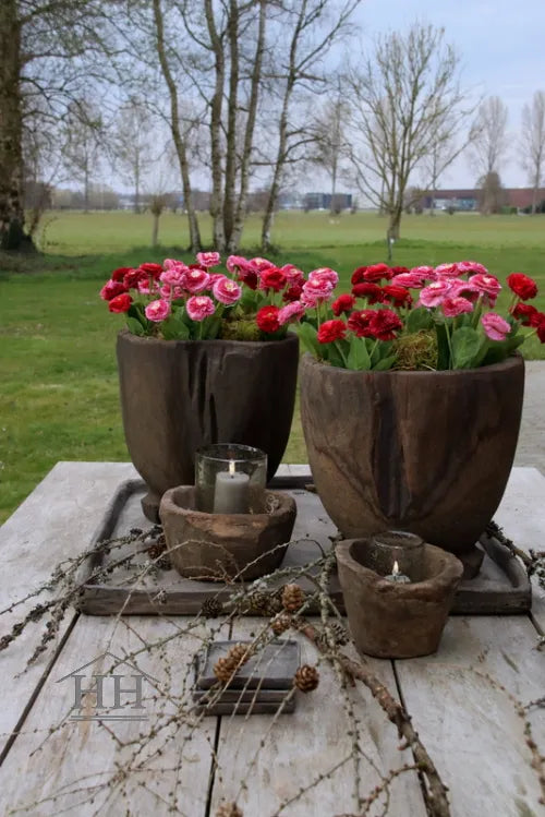 Houten vijzel met madeliefjes kunstplantjes