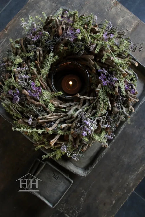 Wreath half botay with artificial asparagus and purple prunus