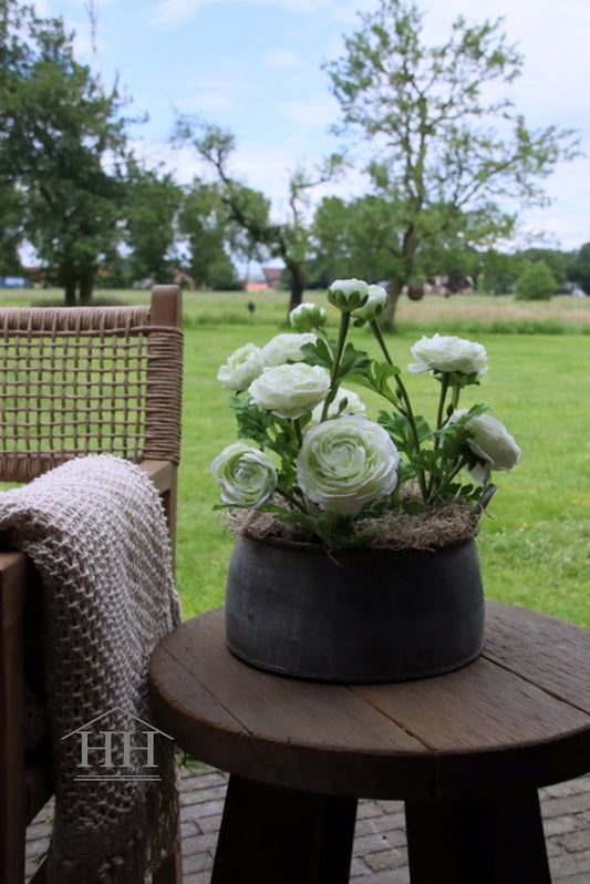 Artificial ranunculus white/green in a pot