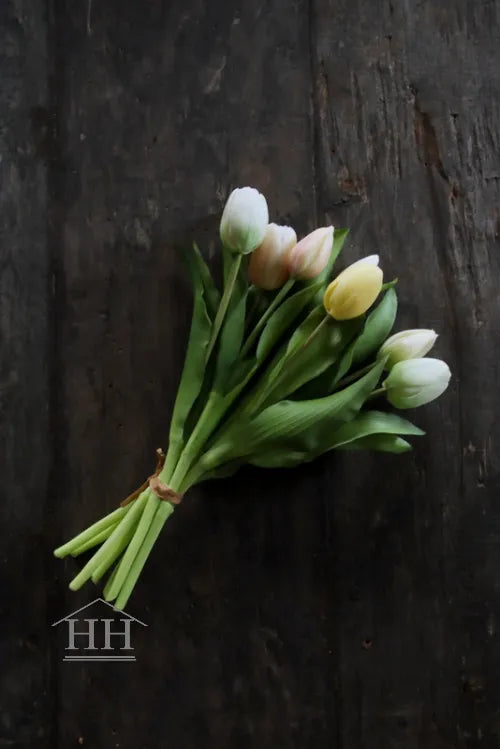 Kunst tulpenboeket mix pastel geel-groen-wit-roze - 30cm