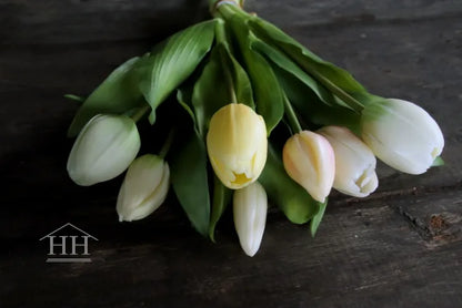 Kunst tulpenboeket mix pastel geel-groen-wit-roze - 30cm