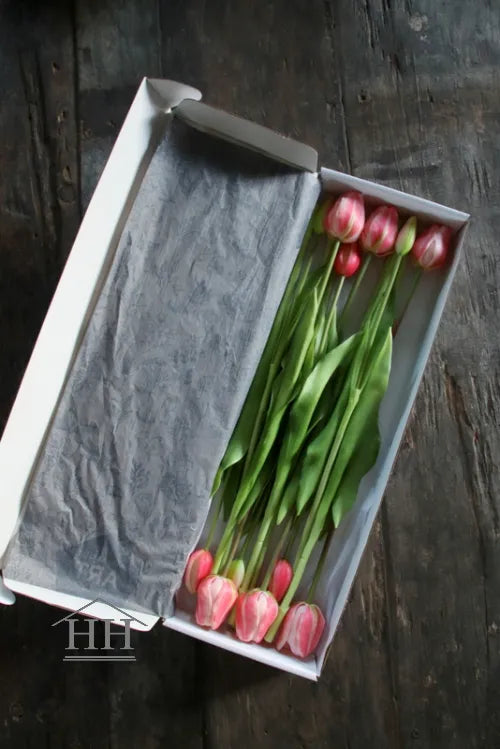 Kunst tulpen roze gevlamd 47cm - in doos - 12 stuks