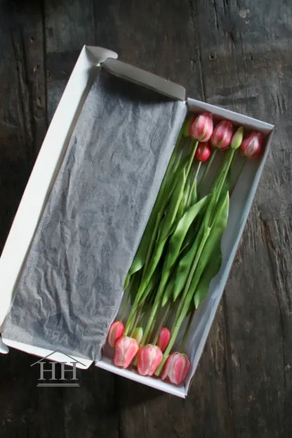 Kunst tulpen roze gevlamd 47cm - in doos - 12 stuks