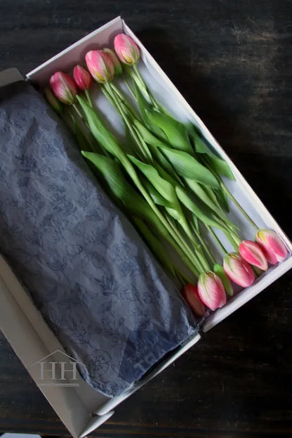 Kunst tulpen roze gevlamd 40cm - in doos - 12 stuks