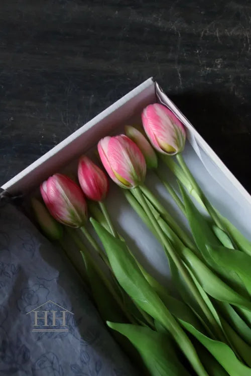 Kunst tulpen roze gevlamd 40cm - in doos - 12 stuks