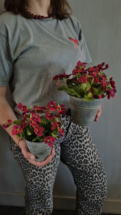 Set ronde zinken potjes met bordeaux viooltjes