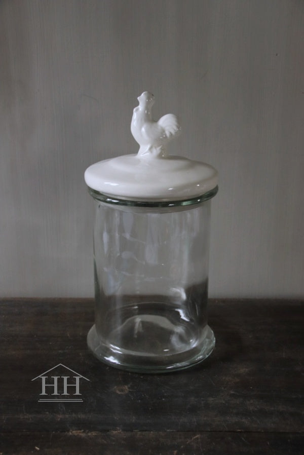 Round glass storage jar with lid with rooster B1