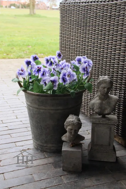 Zinken emmer met handvatten die buiten staat en waar lila kunst viooltjes in zitten
